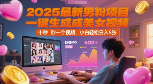 2025最新男粉项目，一键生成美女视频，日引600+色粉 十秒一个视频，小白轻松日入5张【揭秘】-南友云赚