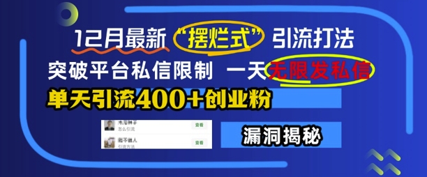 12月最新“摆烂式”引流打法，突破平台私信限制，一天无限发私信，单天引流400+创业粉-南友云赚