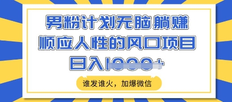 男粉计划无脑躺Z，顺应人性的风口项目，谁发谁火，加爆微信，日入多张【揭秘】-南友云赚