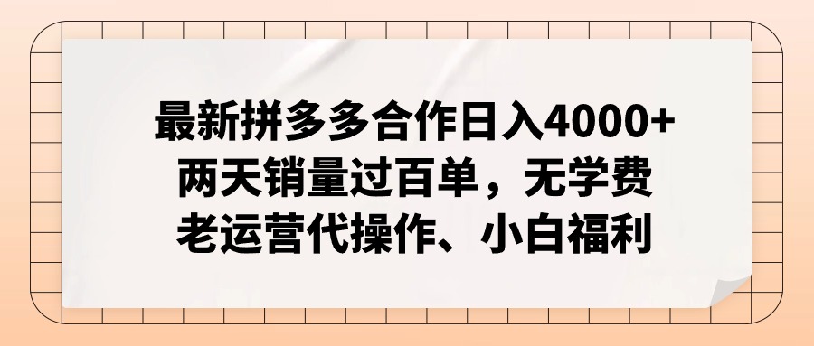 拼多多最新合作日入4000+两天销量过百单，无学费、老运营代操作、小白福利-南友云赚