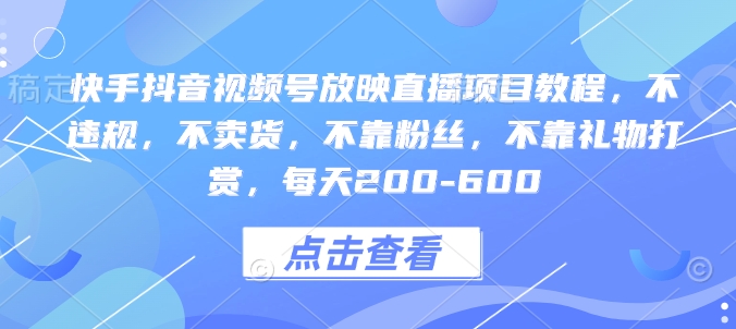 快手抖音视频号放映直播项目教程，不违规，不卖货，不靠粉丝，不靠礼物打赏，每天200-600-南友云赚