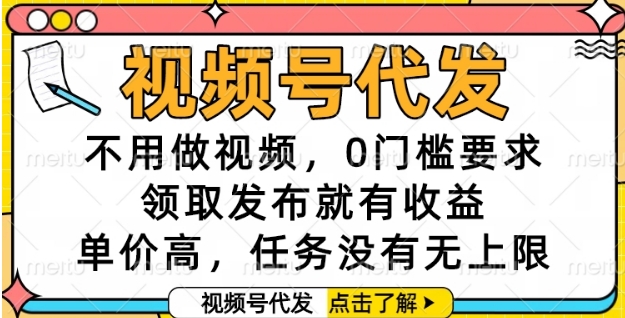 视频号代发，不用做视频，0门槛要求，领取发布就有收益，单价高，任务没有无上限【揭秘】-南友云赚