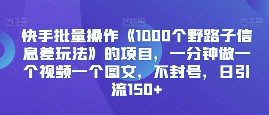 快手批量操作《1000个野路子信息差玩法》的项目，一分钟做一个视频一个图文，不封号，日引流150+【揭秘】-南友云赚