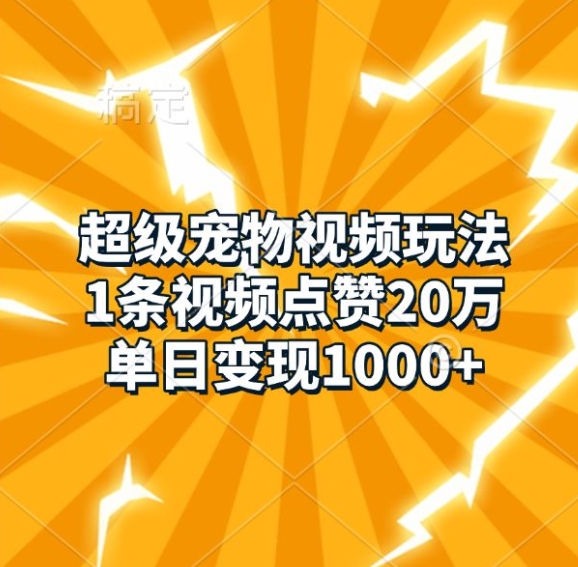 超级宠物视频玩法，1条视频点赞20万，单日变现1k-南友云赚