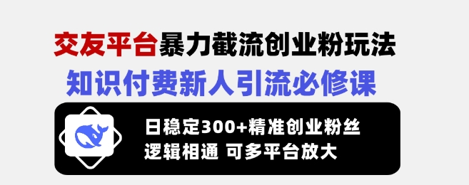 交友平台暴力截流创业粉玩法，知识付费新人引流必修课，日稳定300+精准创业粉丝，逻辑相通可多平台放大-南友云赚