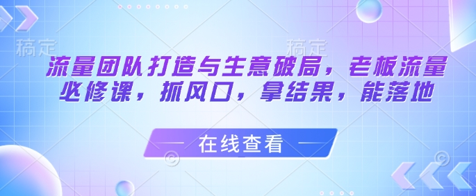 流量团队打造与生意破局，老板流量必修课，抓风口，拿结果，能落地-南友云赚