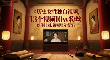 历史女性独白视频，13个视频10w粉丝，伙伴计划，视频号分成等-南友云赚