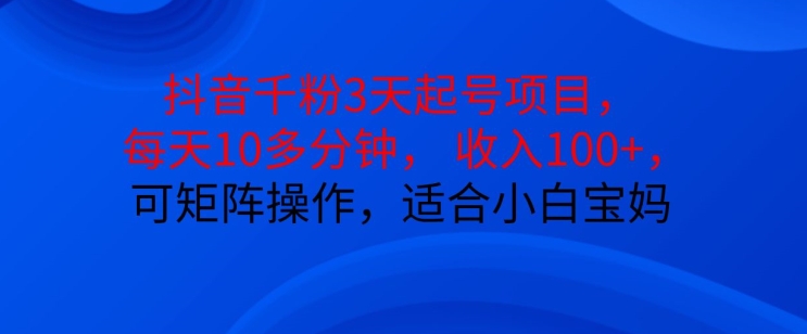 抖音干粉3天起号项目，每天10多分钟，收入100+，可矩阵操作，适合小白宝妈-南友云赚