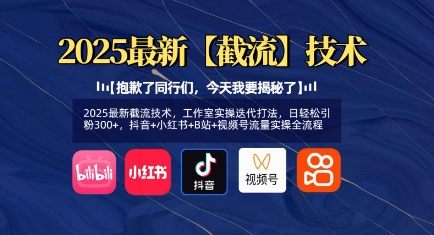 2025最新截流技术，工作室实操迭代打法，日轻松引粉300+，抖音+小红书+B站+视频号流量实操全流程-南友云赚