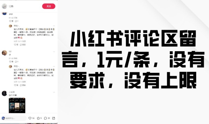 小红书评论区留言，1元条，没有要求，没有上限-南友云赚