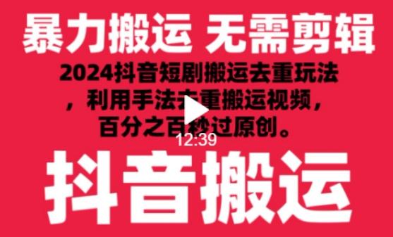 2024最新抖音搬运技术，抖音短剧视频去重，手法搬运，利用工具去重，达到秒过原创的效果【揭秘】-南友云赚