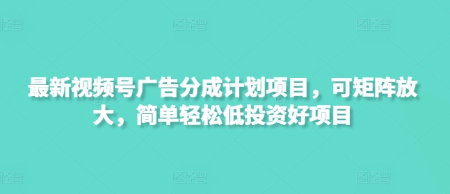最新视频号广告分成计划项目，可矩阵放大，简单轻松低投资好项目-南友云赚