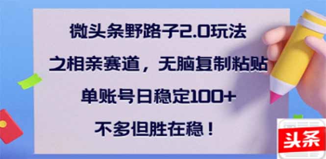微头条野路子2.0玩法之相亲赛道，无脑搬砖复制粘贴，单账号日稳定300+…-南友云赚