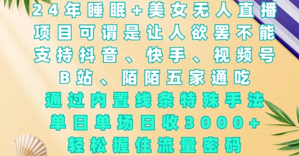 2024年睡眠+美女无人直播，通过内置线条特殊手法，单场日收3k+，轻松握住流量密码【揭秘】-南友云赚