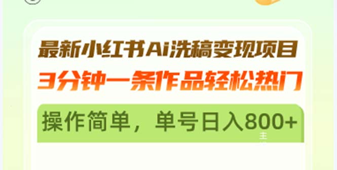 最新小红书Ai洗稿变现项目 3分钟一条作品轻松热门 操作简单，单号日入800+-南友云赚