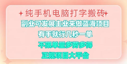 纯手机电脑打字搬砖，有手就行，几秒一单，多劳多得，正规项目大平台【揭秘】-南友云赚