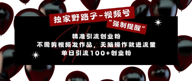 独家野路子利用视频号“强制提醒”，不需剪视频发作品，无脑操作就进流量，单日引流100+创业粉-南友云赚