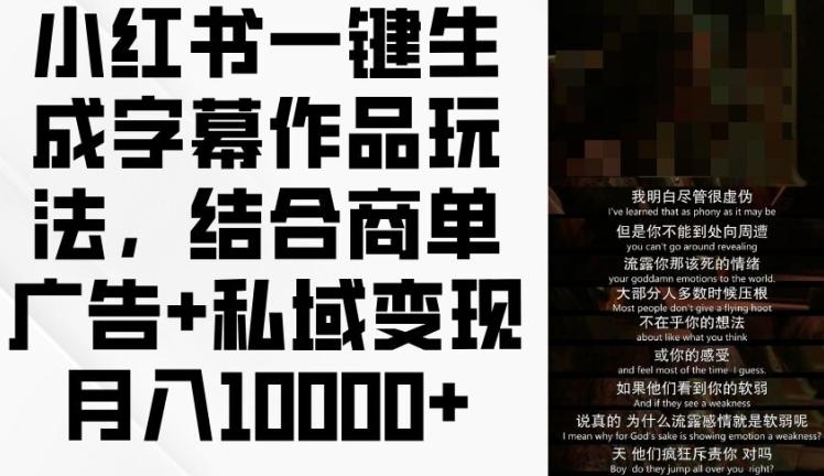 小红书一键生成字幕作品玩法，结合商单广告+私域变现月入1w+【揭秘】-南友云赚