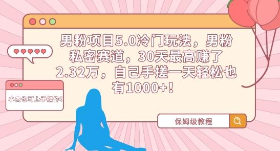 男粉项目5.0冷门玩法，男粉私密赛道，30天最高赚了2.32万，自己手搓一天轻松也有1000+【揭秘】-南友云赚