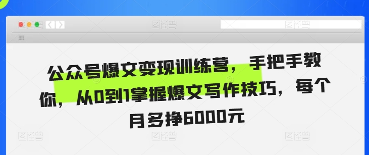 公众号爆文变现训练营，手把手教你，从0到1掌握爆文写作技巧，每个月多挣6000元-南友云赚
